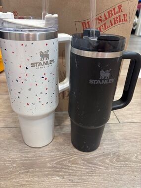 2 Stanley White Confetti & Black Insulated Travel Mugs with Handles